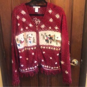 Dressbarn Vintage Ugly Christmas Sweater Full Zip Cardigan Women's XL Red Fringe